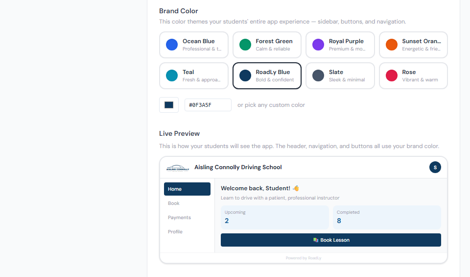 Branding settings showing colour picker with RoadLy Blue selected and a live preview of the student app with Aisling Connolly's logo and brand colour applied
