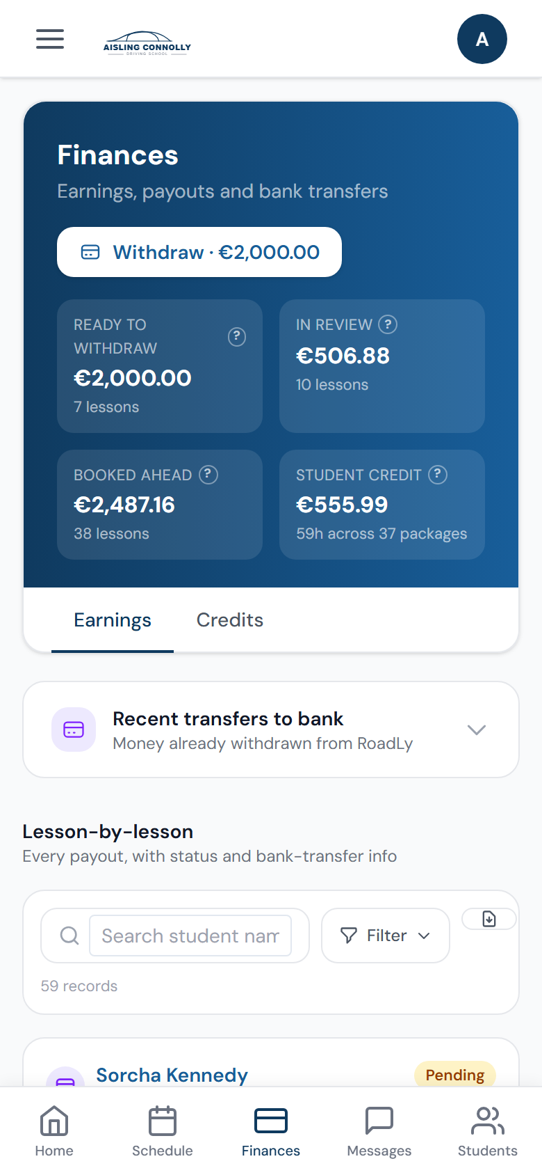 Finances page on a phone showing earnings ready to withdraw, in review, and booked ahead