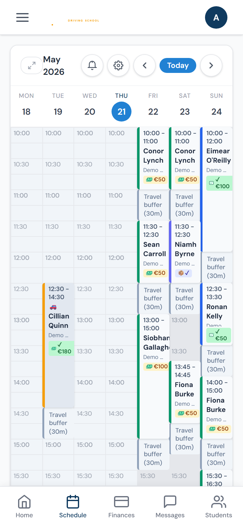Weekly schedule showing a mix of cash and card lessons