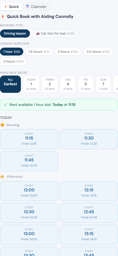 Student quick book page showing available time slots