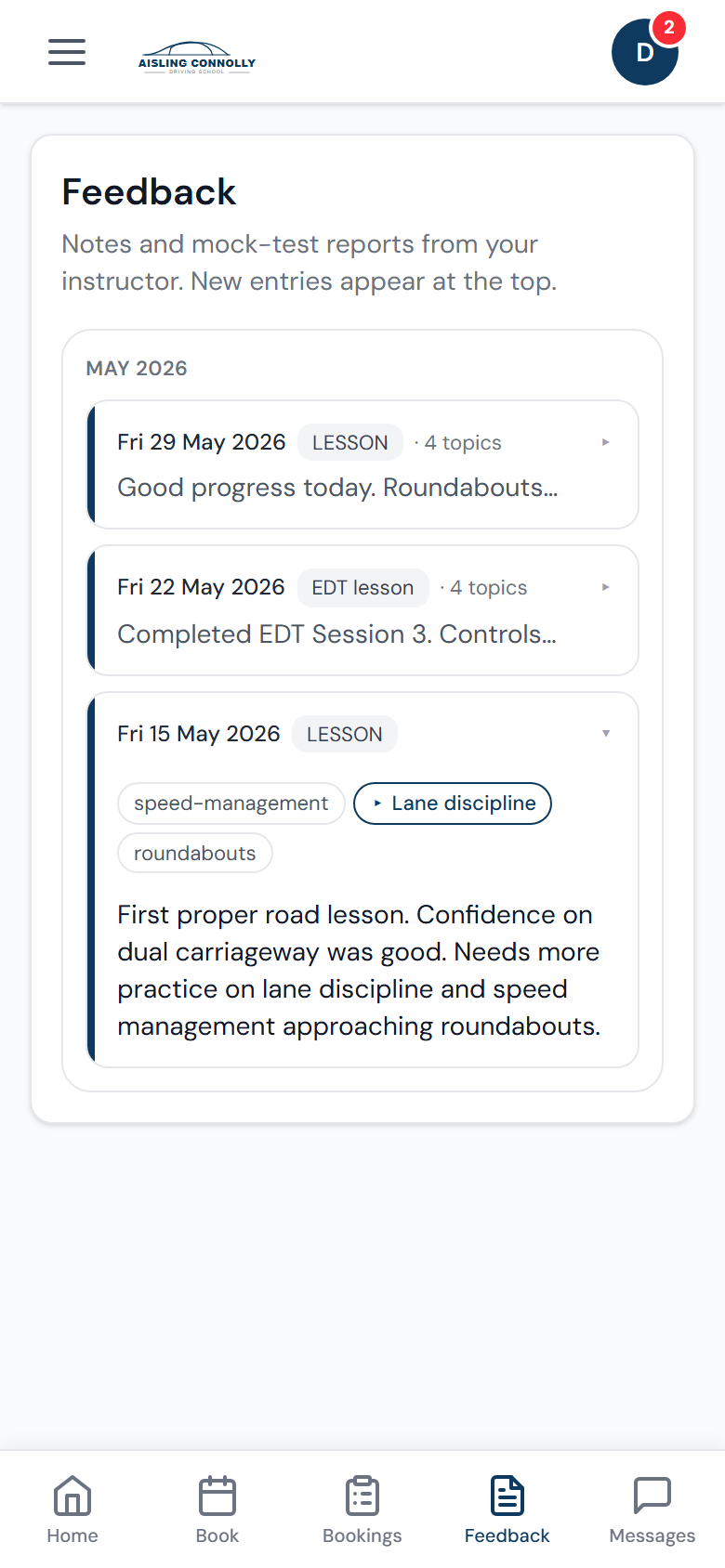 Student app showing published lesson notes and tagged topics from their instructor