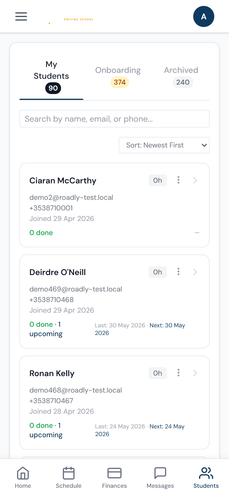 Student list on a phone showing 90 active students with real Irish names