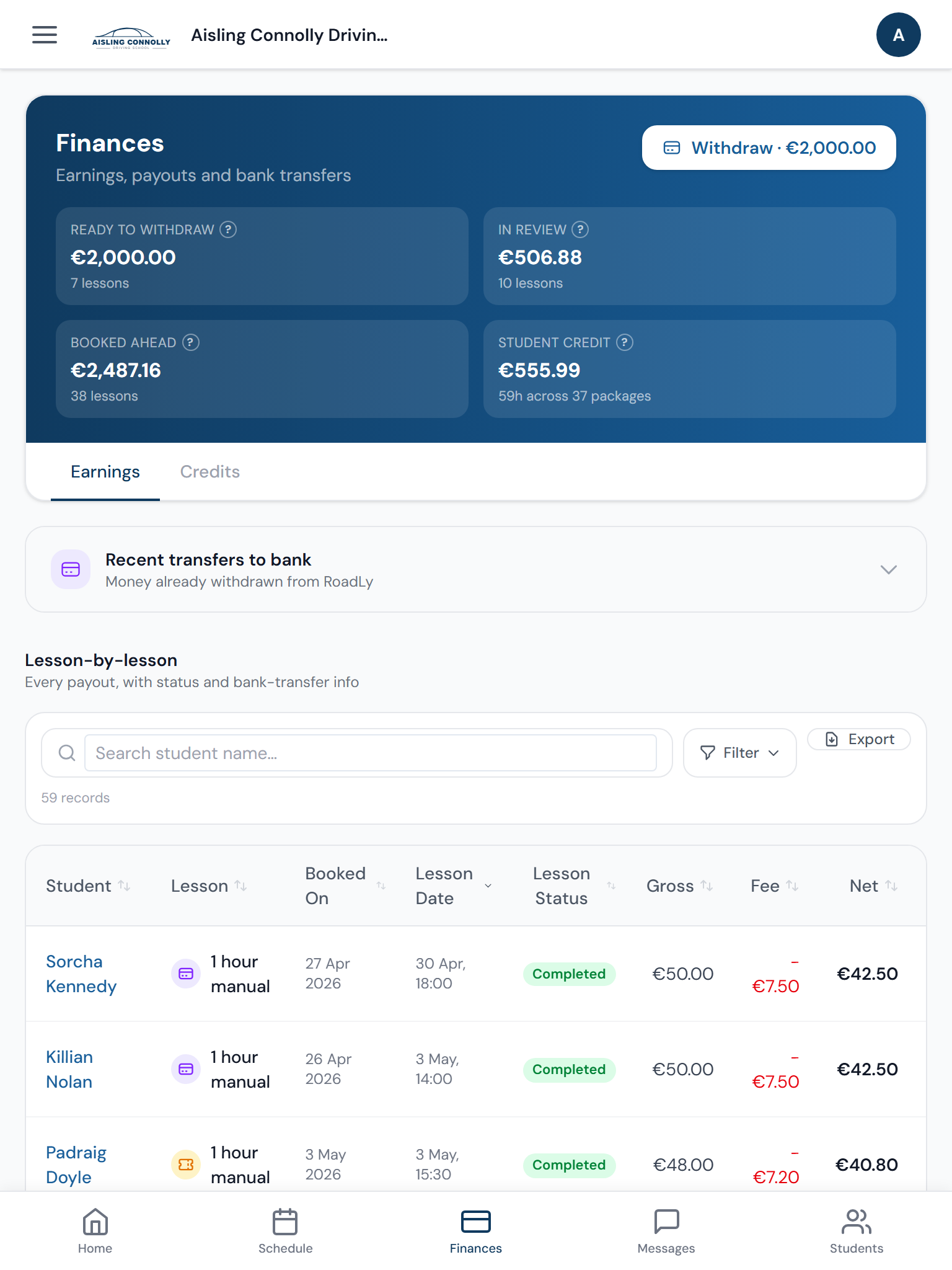 Finances dashboard showing earnings and upcoming payouts